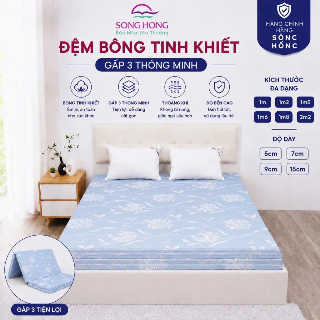 Bảng kích thước và độ dày đệm bông tinh khiết Sông Hồng do nhà sản xuất công bố